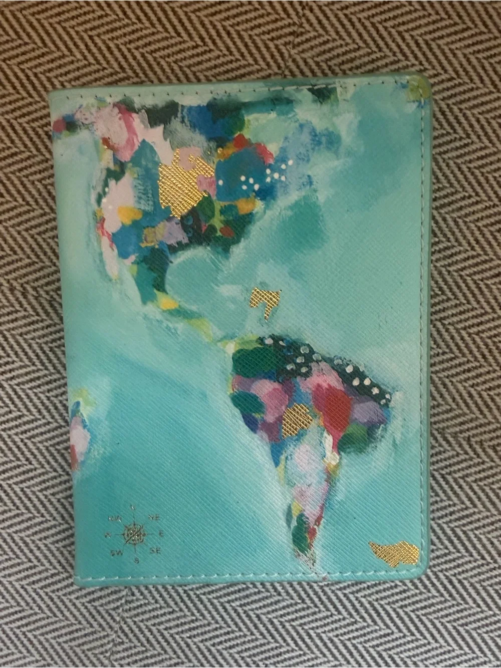 Teal World Map Passport Cover w/Gold Accents